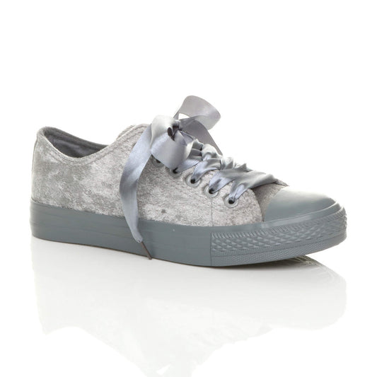 Grey Velvet Ribbon Lace Up Trainers